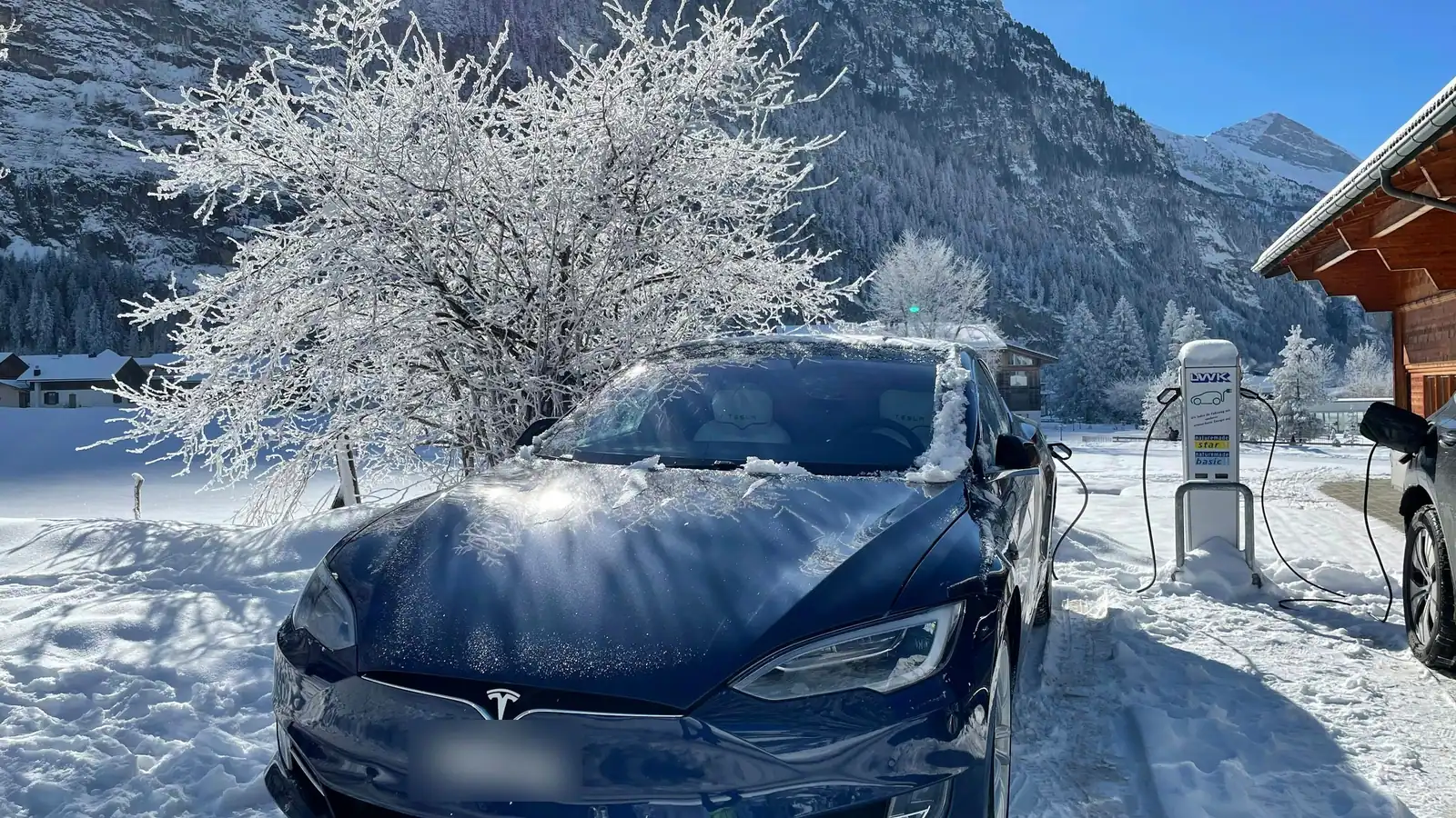 Tesla Model S sombre garée dans la neige devant des arbres givrés et des montagnes, une borne de recharge derrière
