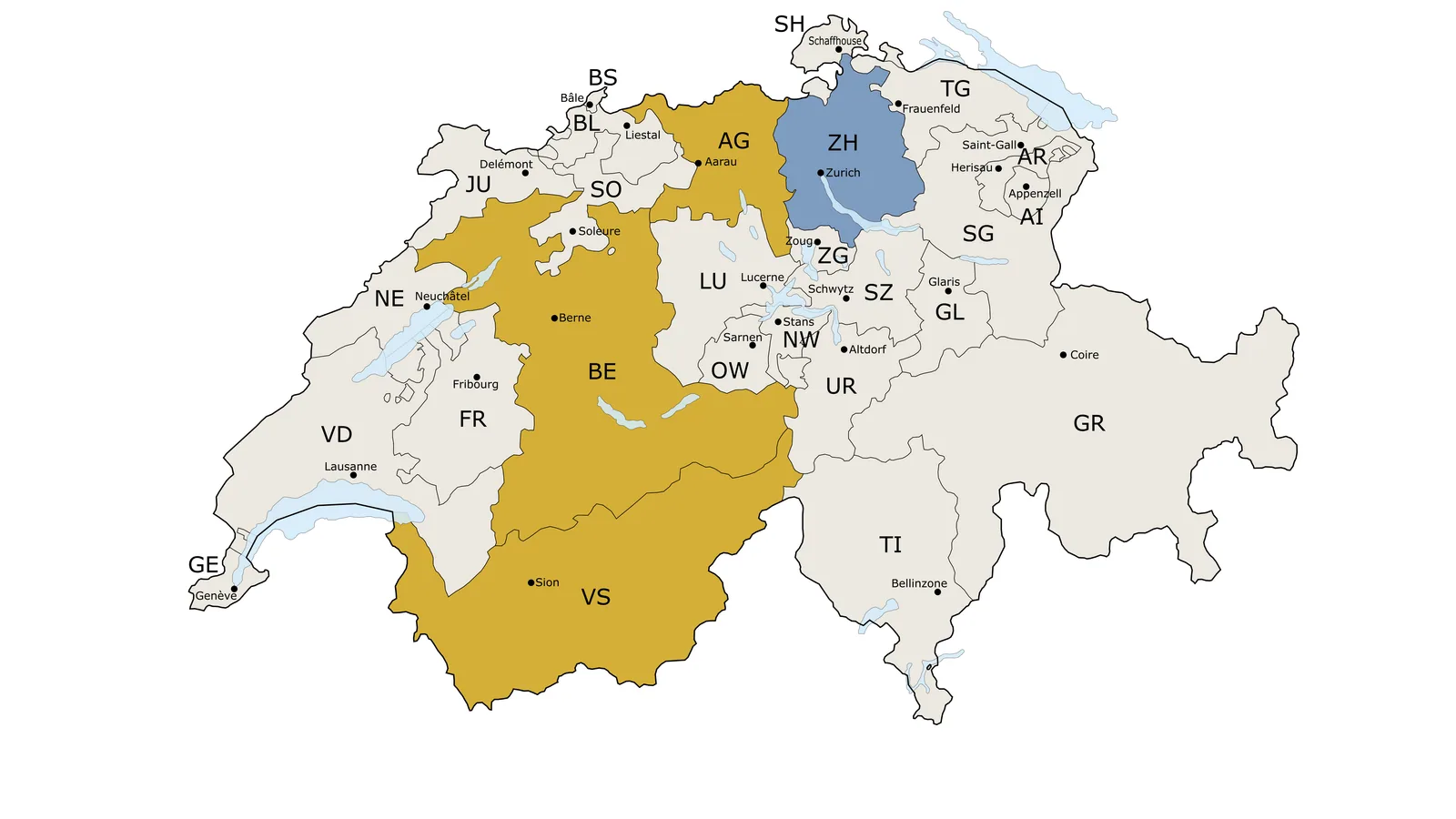 Carte de la Suisse découpée en cantons, Zurich en bleu, le Valais, Berne et l’Argovie en or, les autres cantons en gris clair